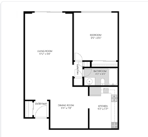 Floor plan for 1 bed, 1 bath, 650 sqft